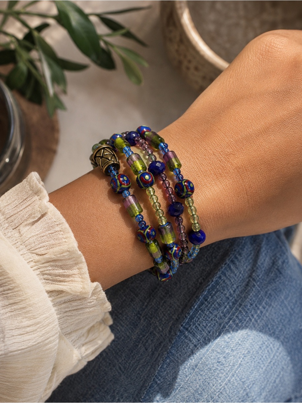 Y2K Multicolor Glass Beaded Wrap Bracelet Boho Festival